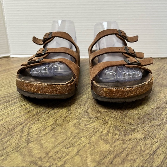 Birkenstock Brown Leather Three Strap Cork Sole Slide Sandals Size 9 - Picture 4 of 12